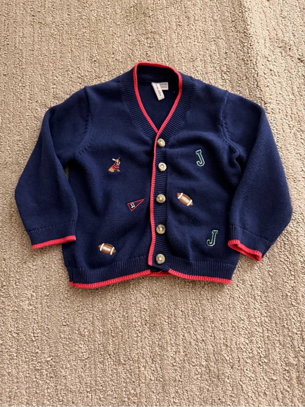 Janie and Jack Navy Cardigan with Red Trim and Sports Patches